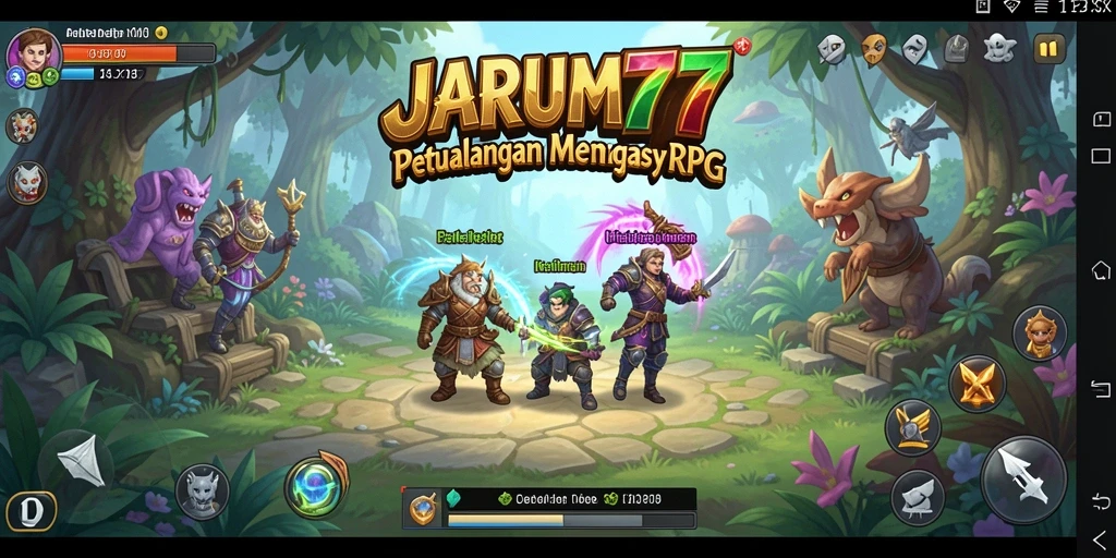 Screenshot utama yang menampilkan karakter dan dunia RPG JARUM77.