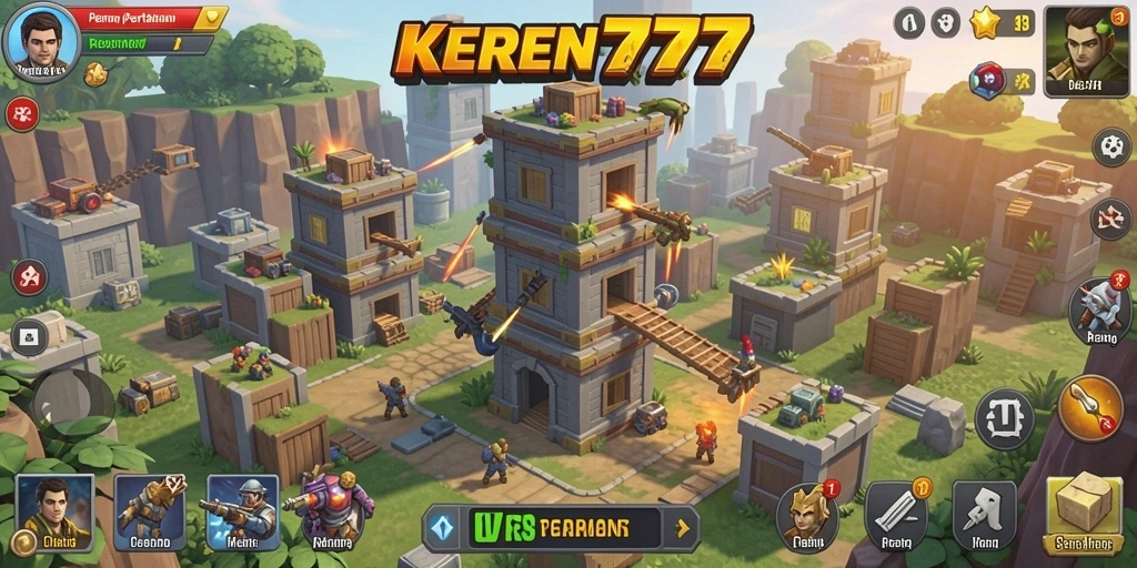 Tampilan seru gameplay Tower Defense KEREN777 dengan menara dan musuh.