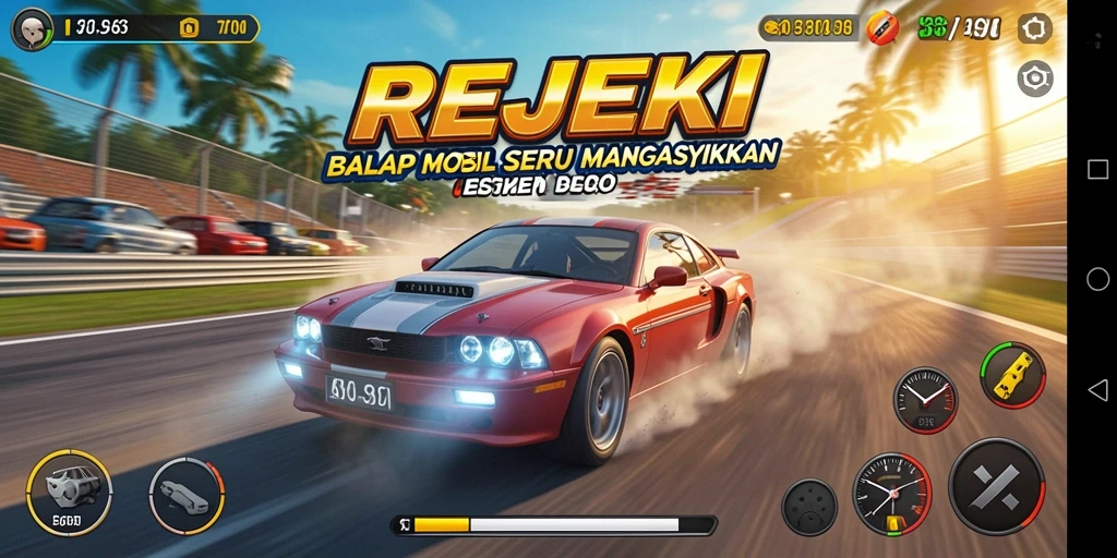 Gameplay REJEKI dengan balapan seru dan mobil yang dipacu.