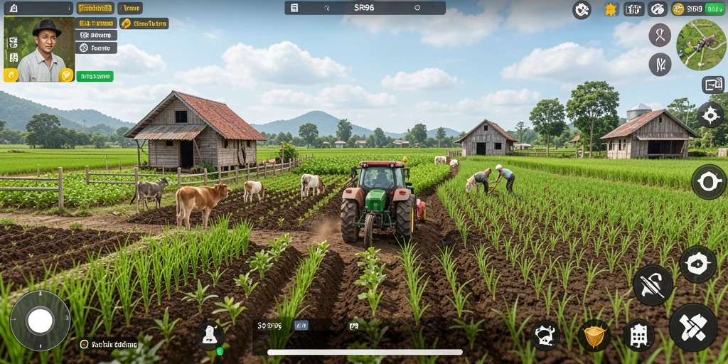 Tampilan gameplay yang menarik dari SR996, menunjukkan aktivitas bertani yang seru.