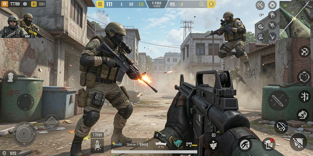 Screenshot menunjukkan aksi intens gameplay FPS di TT789.